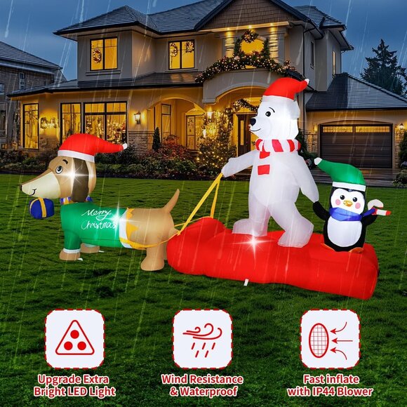 ⚡8FT Christmas Inflatables Weiner Dog Sleigh Bear&Penguins Outdoor Decorations - Picture 3 of 7